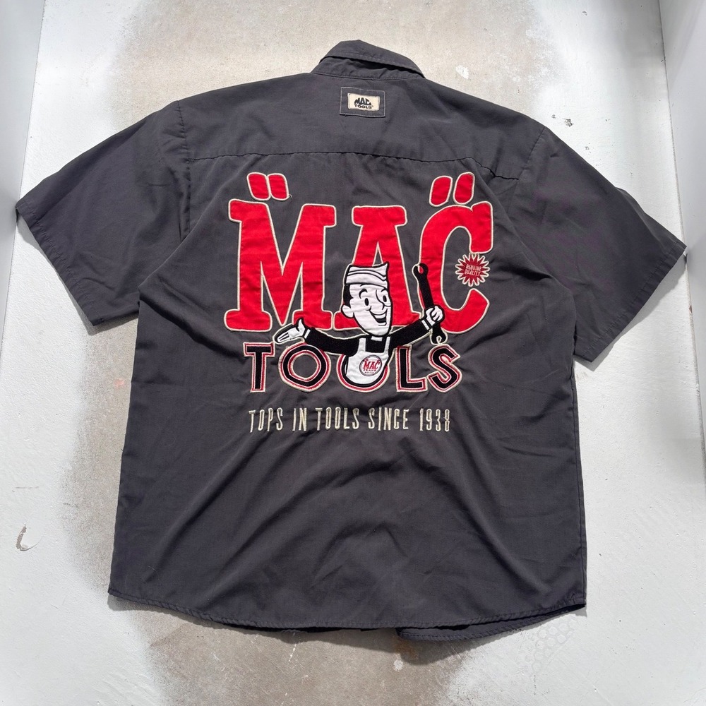 Mac Tools Mens Large Short Sleeve Work Shirt Gray Embroidered Mechanic Garage